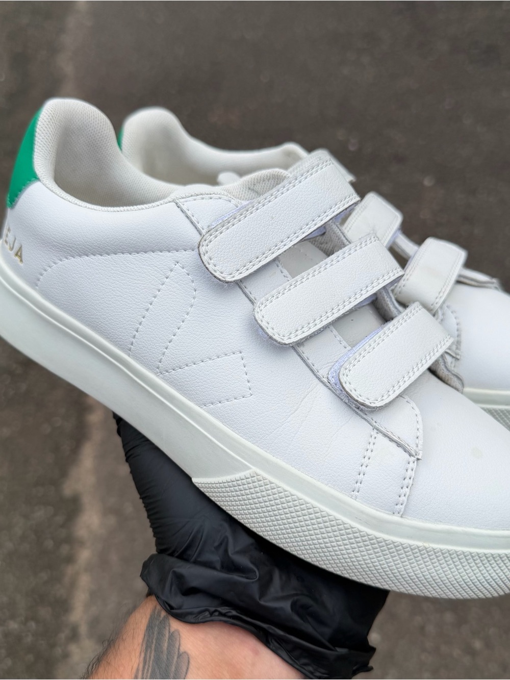 Veja Recife Logo Triple Strap Shoes White Leather Green Suede Womens Size 6